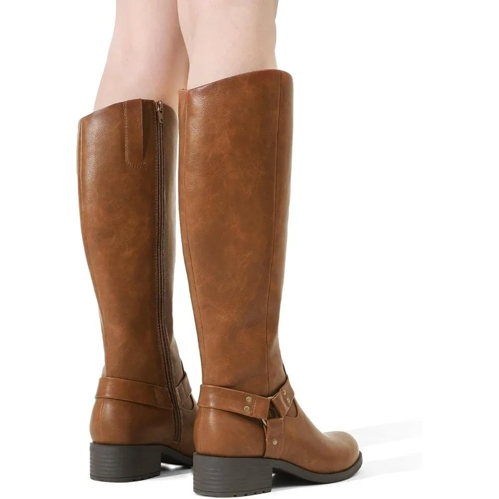 Women Faux Leather Light Brown Comfortable Knee High Side Zipper Buckle Boots